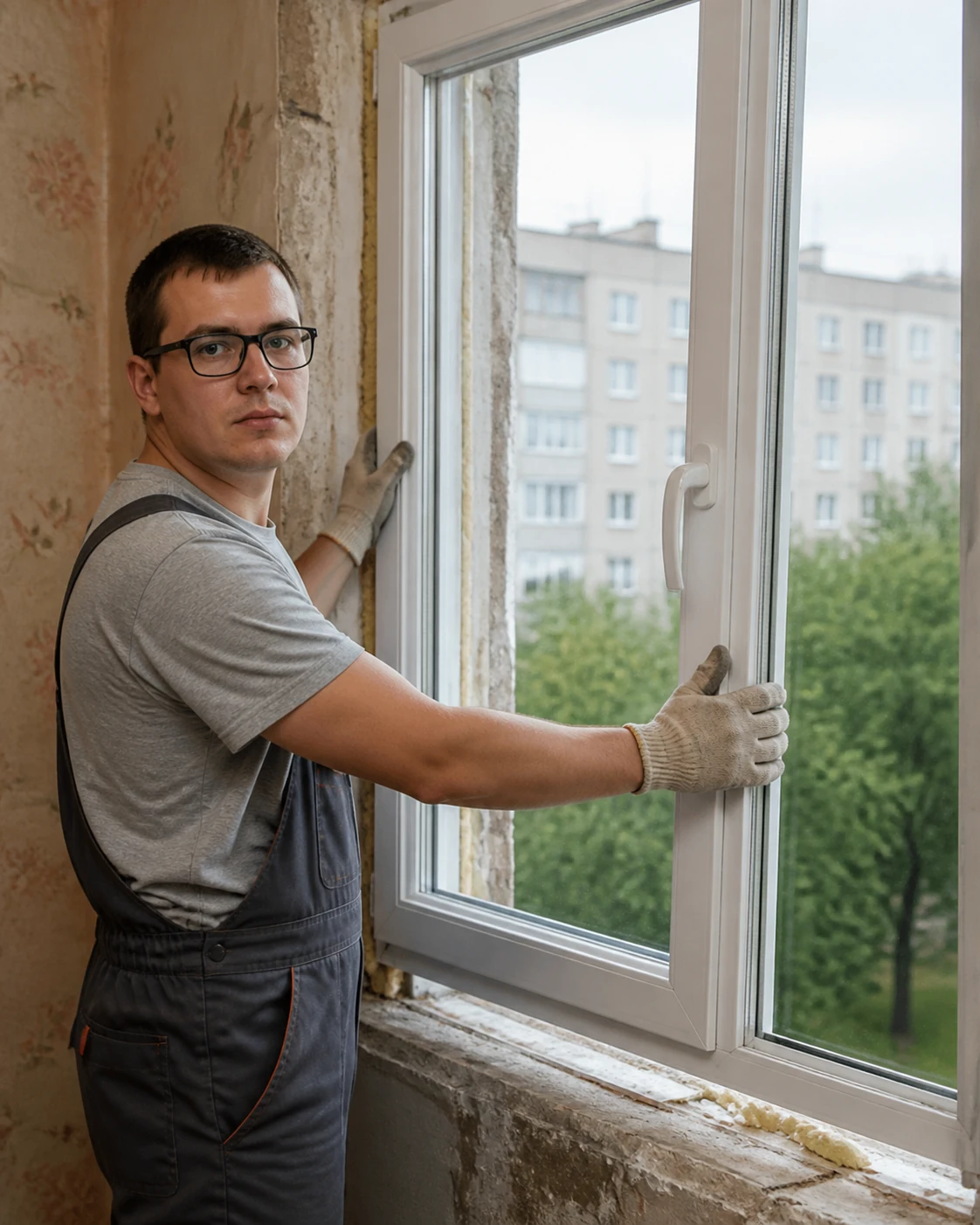 Владимир Березин устанавливает окно, 2005 год