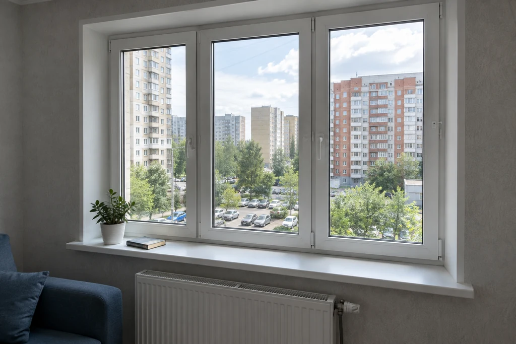 Белое пластиковое окно в городской квартире